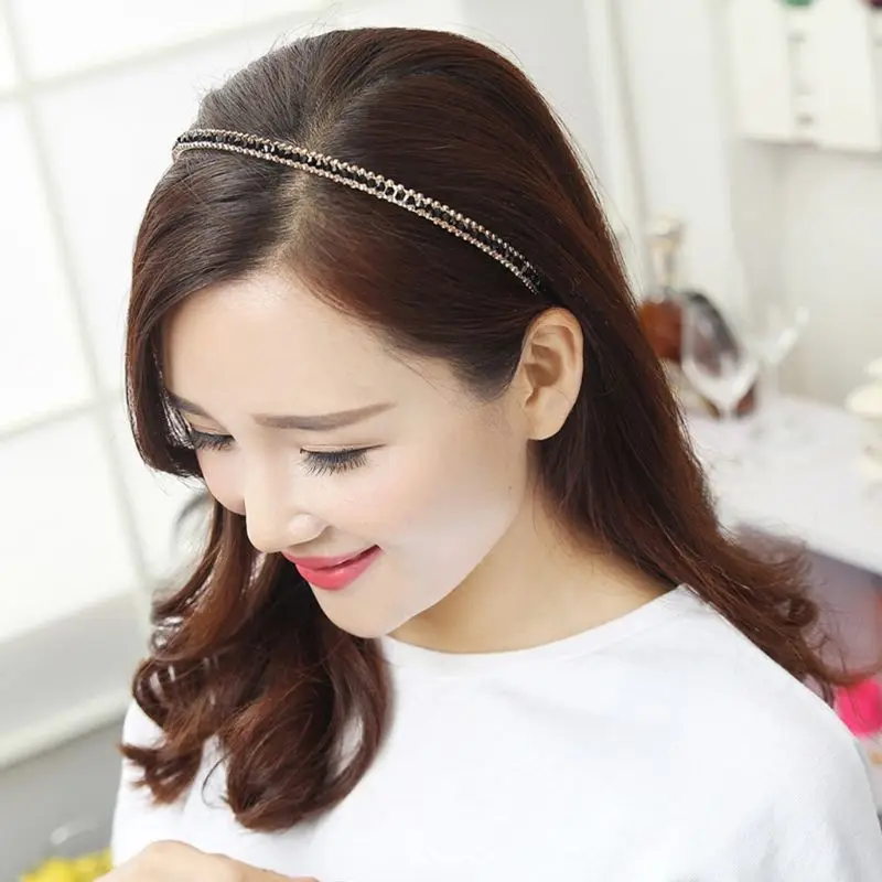 

Korean Style Ladies Luxury Three Rows Imitation Crystal Headband Contrast Color Handmade Beading Hair Hoop Anti-Skid Headpiece