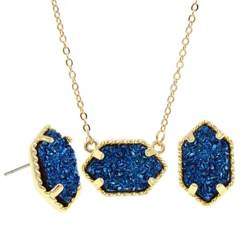 

YJX Wholesale 6 Set Lot Genuine Gold Color Mini Iridescent Drusy Pendant Necklace With Stud Earrings Boutique Jewelry Sets