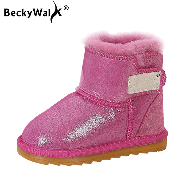 BeckyWalk/Новинка года; зимние ботинки для девочек и мальчиков; теплые ботинки для малышей; детская обувь из натуральной кожи с нескользящим мехом; CSH733