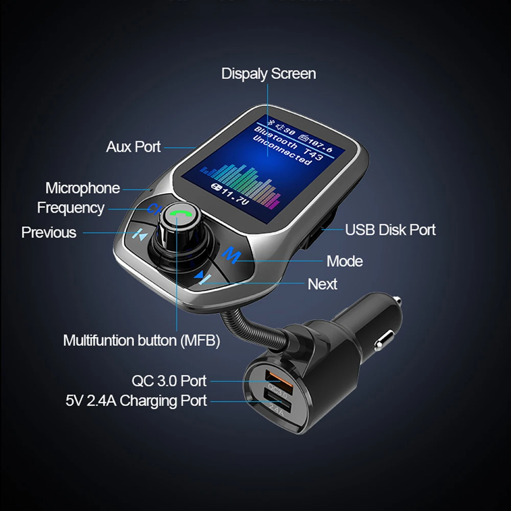 

Siparnuo Wireless Bluetooth FM Transmitter Modulator Hands-free Car Kit 1.8 Inch Color Screen MP3 Player with 5V QC3.0 Dual USB