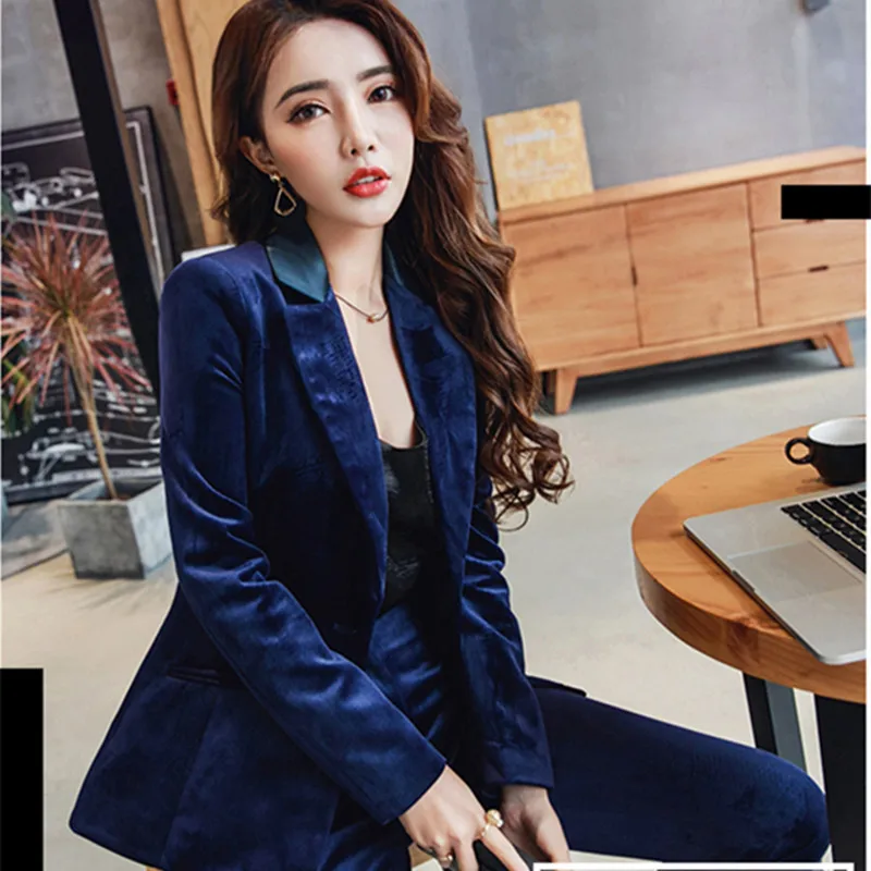 Blazer Arrivée Vintage Nouvelle 2018 Élégantes Femmes Haute Qualité Conçoit Dames Bureau Hzirip Velours Les Pantalon D'affaires Bleu Costumes De Costume Uniforme Aq0nWwEd