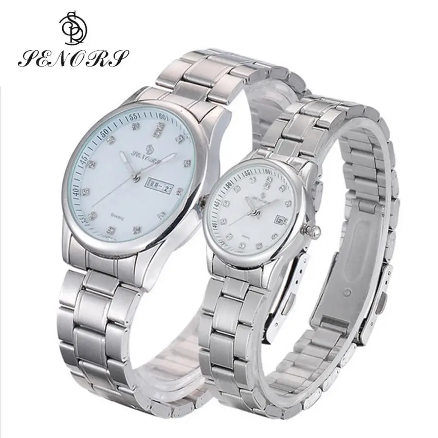 

Newly Design SENORS A Pair Lovers Luxury Couples Rhinestore Watch Women Men Stainless Steel Band Quartz Wrist Watches 160606
