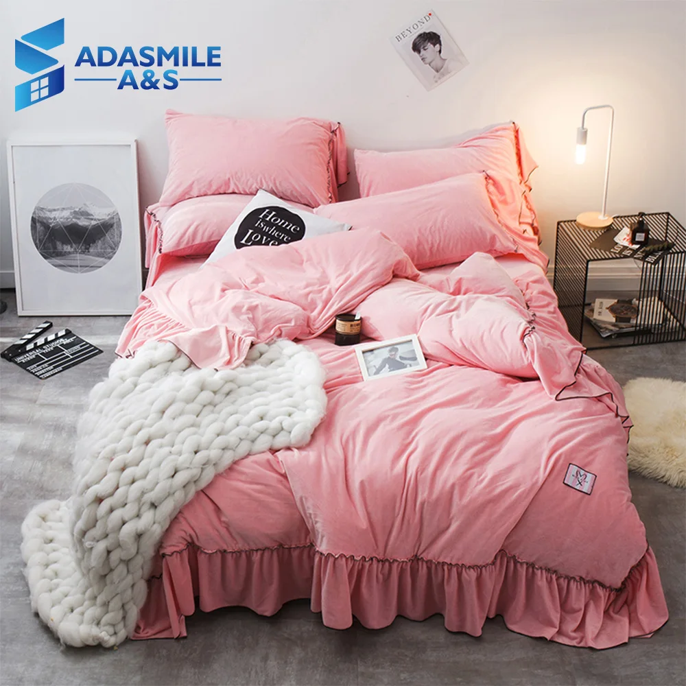 

Princess Style Girls Bed Bedcloths Warm Thick Baby Velvet Soft Bed Linen Duvet Cover Adults King Pink Flounced Decor Bedding Set