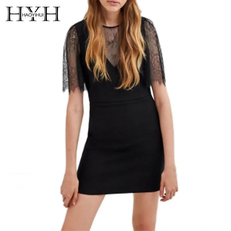 

HYH Haoyihui Simple Summer Graceful Elegant Lace Printed Flowers Patchwork Backless Button Closure Sexy Round Collar Black Dress