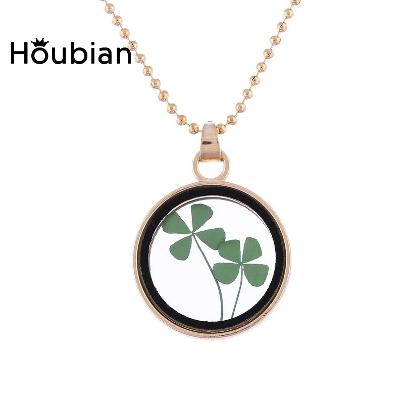 

Houbian Round Glass Flower Necklace Lucky Clover Natural Dried Flower Necklace Jewelry
