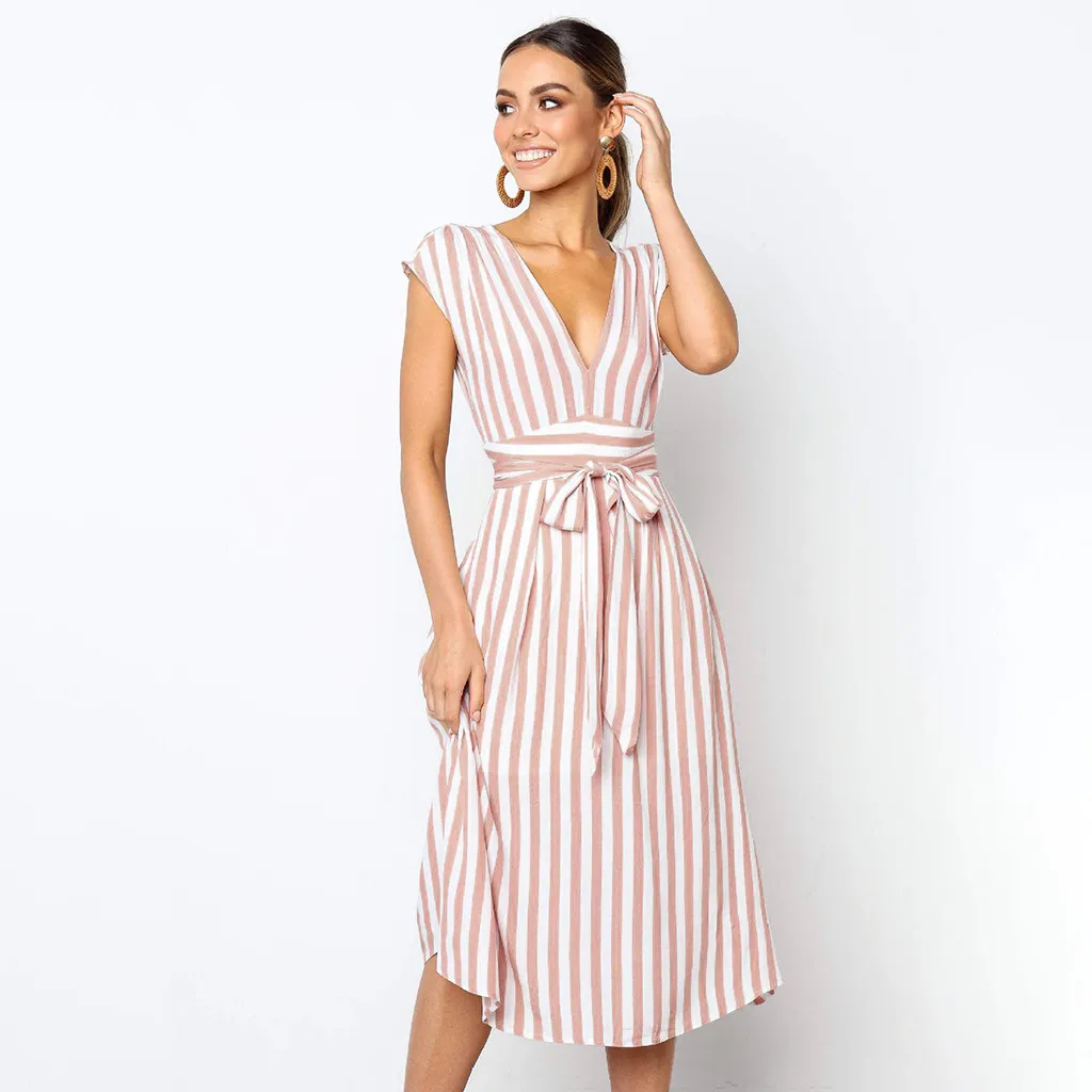 

Ladies' Daily Elegant Workwear Sleeveless Striped Printed Bandage Dress Summer Beach Evening Party Bohemian Vibrant Long Dresses