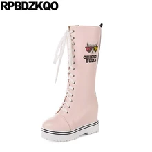 Меховые женские сапоги на шнуровке большой Размеры Платформа Розовый Повседневная обувь на плоской подошве заказ до середины икры зимние китайский Мода женские