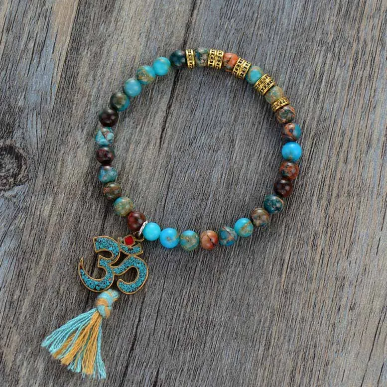 Эластичный браслет из натурального камня Тибетский подвеска-ом, эластичный браслет с натуральными камнями, браслет из бисера