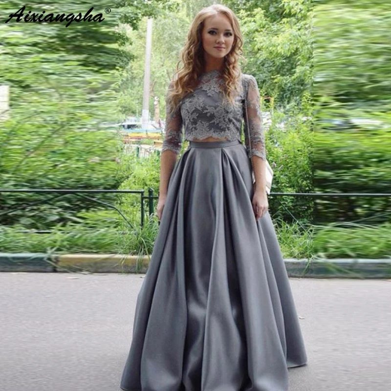 

New Style Evening Dress 2019 High Neck 3/4 Sleeves Satin Lace Robe De Soiree Long Formal Prom Dresses Women Party Gowns