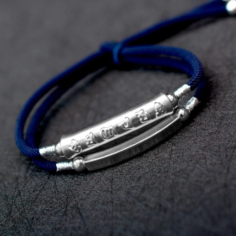 Серебро 999 пробы Ом Мани Падме Хум Выгравированный изгиб очарование S925 плетеный браслет ручной работы для мужчин двухслойная счастливая Веревка Цепь