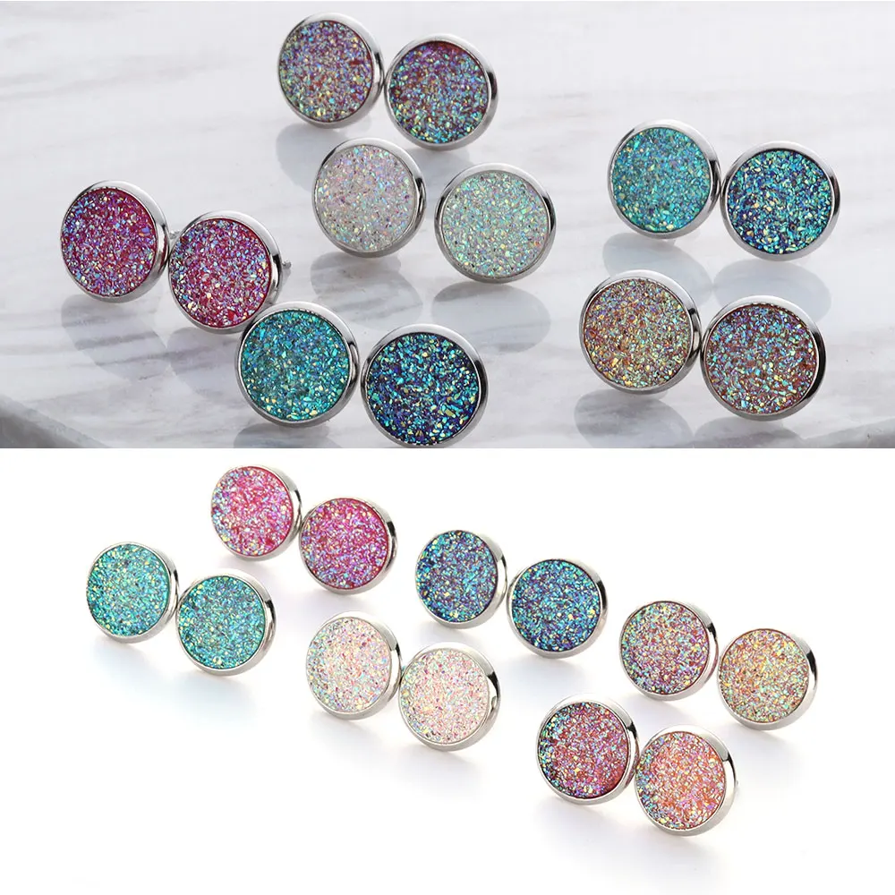 

1/6 Pairs Women Girls 12mm Round Silver Druzy Quartz Stud Earrings Bling Sparkly Crystal Rhinestone Ear Studs Charm Jewelry