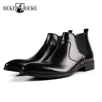 

Italy Design Men Chelsea Boots Pointed Toe Knight Luxury Genuine Leather Formal Male Ankle Boots Slip On Business Casual Shoes