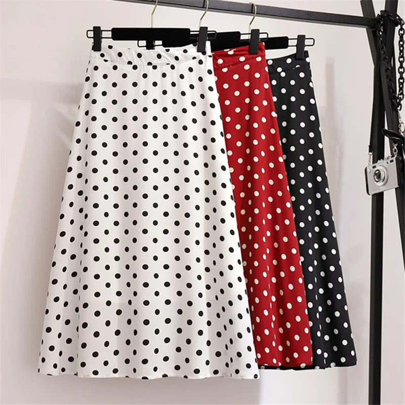 

2018 New Spring Autumn Chiffon Dot A-Line Skirt Women Vintage High Waist All-Match Print Skirt Slim Work Wear A Line Skirts M470