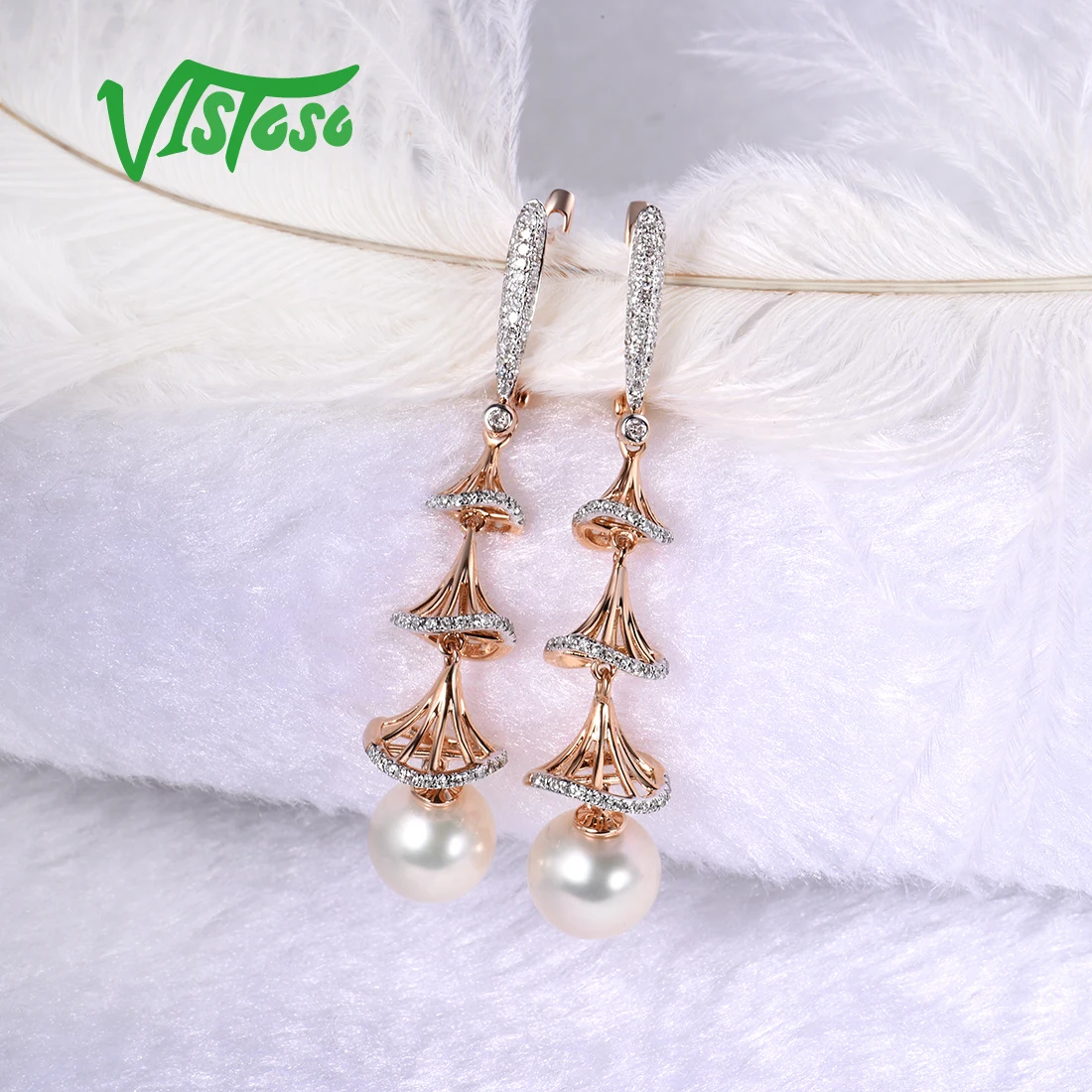 VISTOSO Pure 14 K 585 розовое золото сверкающие бриллианты элегантные пресноводные жемчужные серьги для женщин уникальные модные свадебные ювелирные изделия