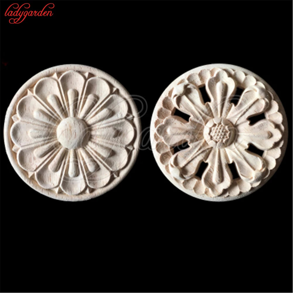 15cm Round Wood Appliques Vintage Unpainted Wood Carved Corner Onlay Applique Frame For Home