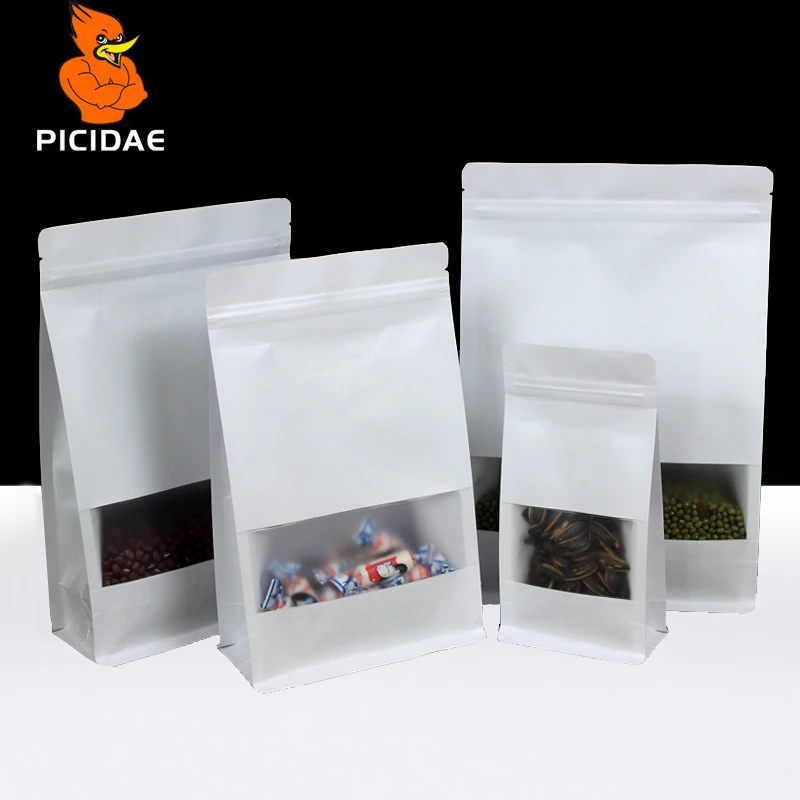 

White Kraft Paper Organ Storage Bag Eight Side Seal Packing Frosted Composite Snack Food Coffee Zip Lock Standing Visible Window