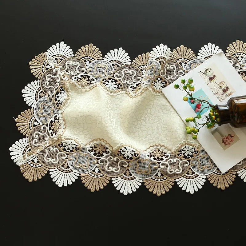 

European Style Simple Water Soluble Lace Jacquard Fabric Table Runner Mats Mat Coffee Table Champagne Gold Table Flag Pad