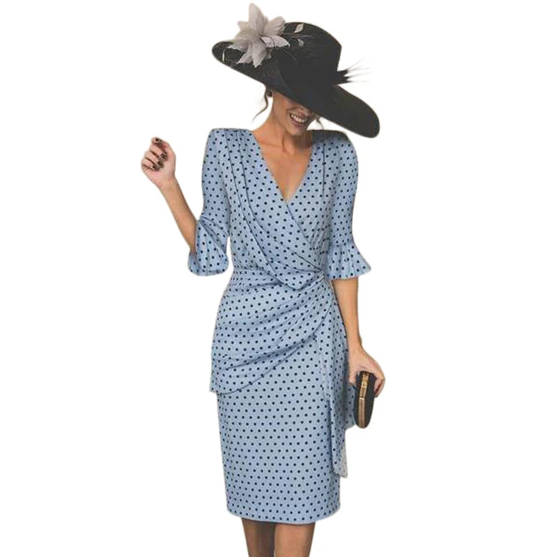 

Women's Polka Dots Slim Draped Dress Sexy V Neck Mid-Sleeve Sheath Pencil Dresses Vestidos Female