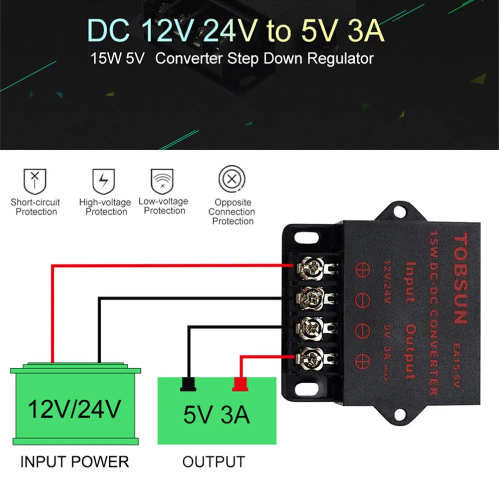 

DC 12V 24V to DC 5V 3A 15W Transformer Converter Step Down Buck Module Voltage Regulator Switch Power Supply for LED TV Solar