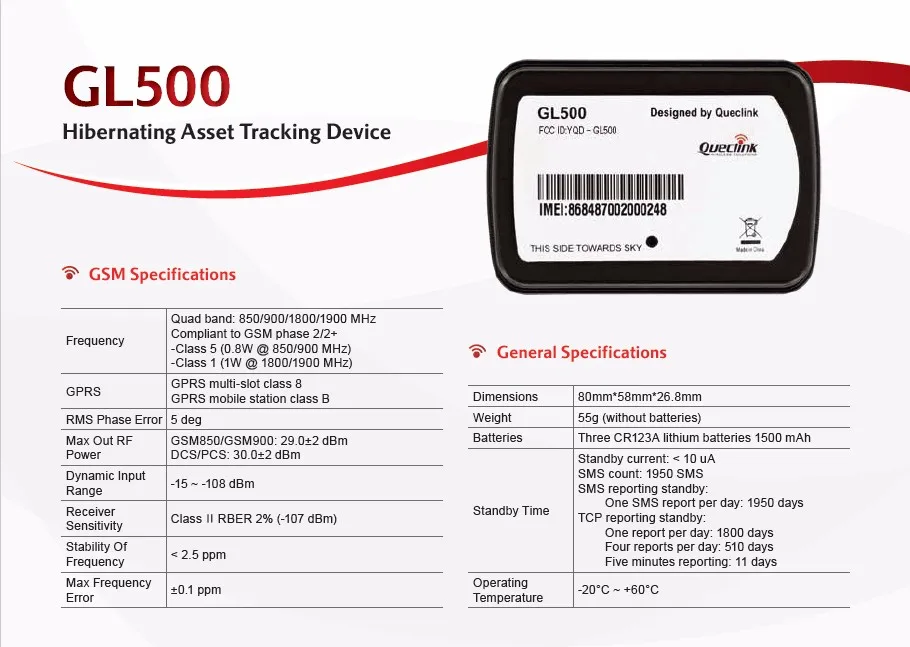 Автомобильный gps трекер 1500 мАч аккумулятор 1800 день в режиме ожидания Queclink Hibernating Asset GL500 автомобильный GSM gps трекер грузовик пользователя