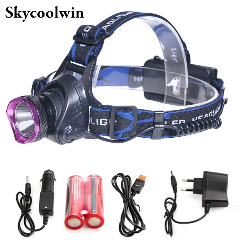 

2500 Lumen XM-L T6 LED Purple Headlamp Headlight Head Torch Camping Lamp Light Flashlight Torch with EU/US/AU/UK Plug Charger