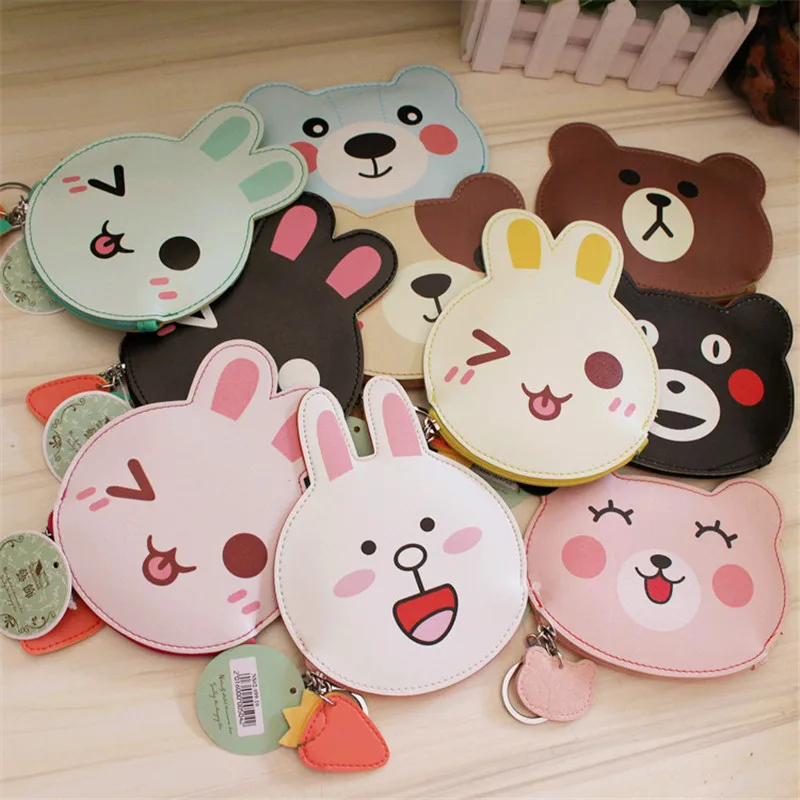 

New Creative Cartoon Zipper Kids Wallets PU Leather Rabbit / Bear Change Purses Girls Mini Coin Bags with Keyring Children Gifts