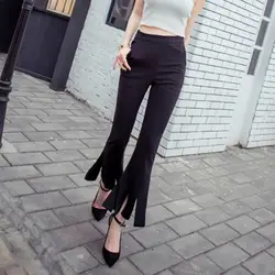2017 модный дизайн весенние женские брюки с высокой талией с разрезом широкие ноги Рог брюки рыбий хвост широкие брюки для похудения