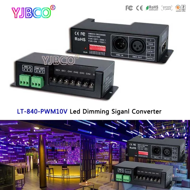 

LT-840-PWM10V LED dimming signal converter;DC12V~DC24V DMX512 signal input;10V PWM*4CH signal output for led lamp