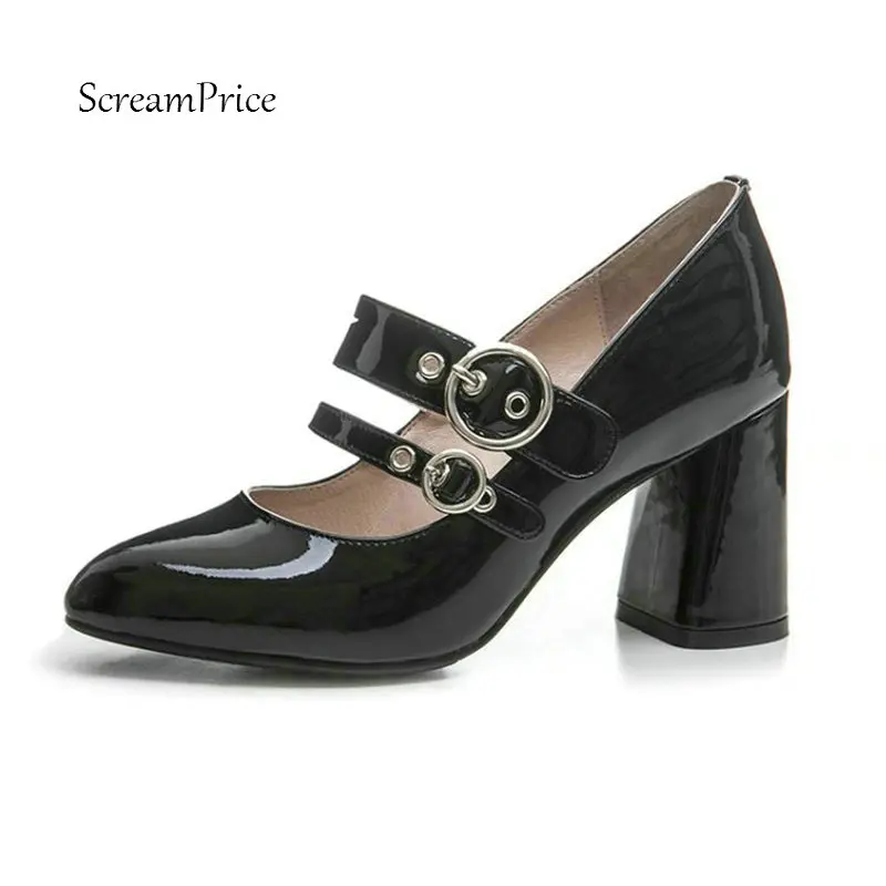 

Women Patent Leather Square High Heel Pumps Fashion Buckle Pointed Toe Spring Autumn Party Shoes Women