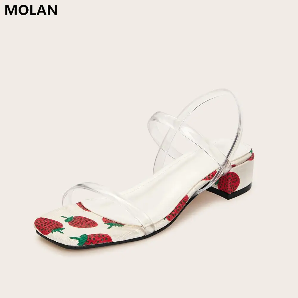 

MOLAN Brand Designers 2019 Summer New Fashion Luxury Strawberry Med Heels 3cm Lady Sandals Narrow Band Back Strap Female Shoes