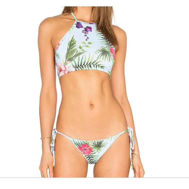 High Neck Brazilian Bikini 2016 For Small Chest Women Leaves Printing