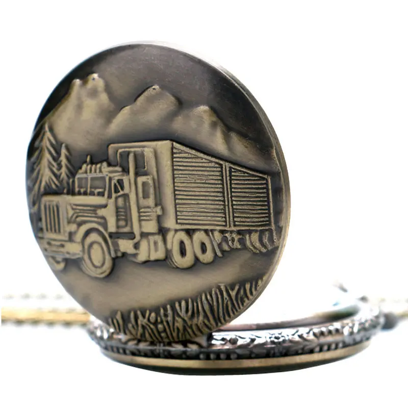 Vintage Bronze Train Front Locomotive Quartz Watch 3D Car Truck Pattern Pocket Watch Men Women Necklace Pendant Gifts FOB Chain 2018 (4)