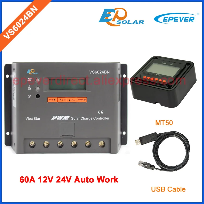 

PWM EPSolar EPEVER Solar Charger Controller VS6024BN 12V 24V Auto Work MT50 Meter and USB cable communication connect PC