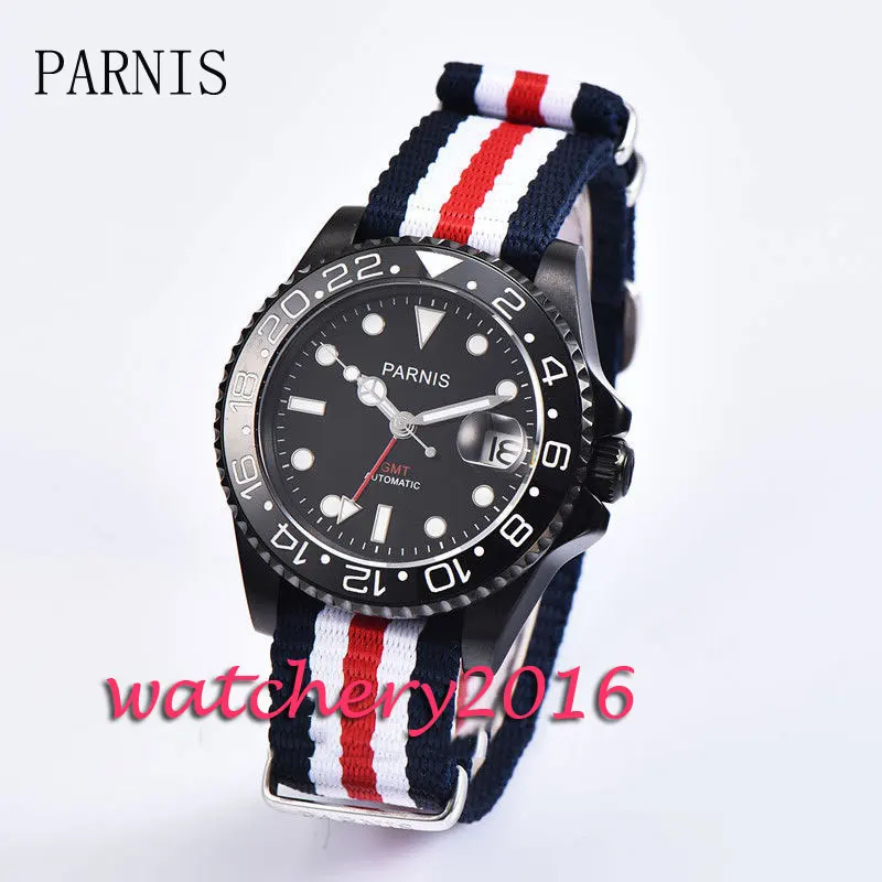 

Casual 40mm Parnis black dial date adjust sapphire glass black PVD case Automatic movement GMT Men's Watch