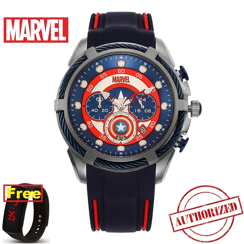 Дисней Капитан Америка Железный человек паук мужские хронограф кварцевые часы Дата, светящиеся руки, водонепроницаемый силиконовый ремешок Браслет - Цвет: Captain America