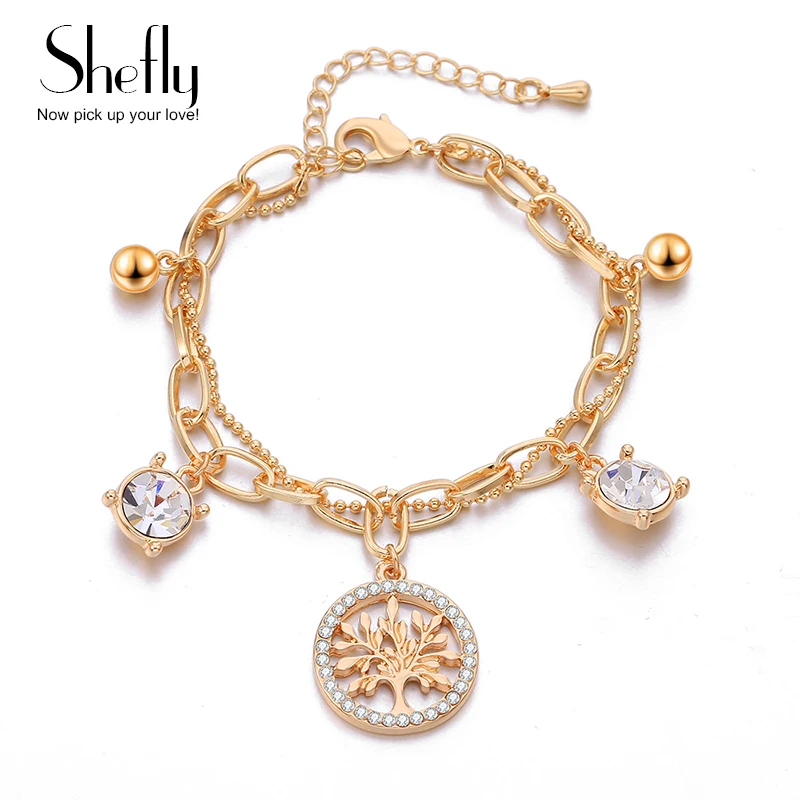 

Woman Bracelets Gold Layered Chain Tree of Life and Big Crystal Charm Boho Charm Link Bracelets For Women Bracelets & Bangles