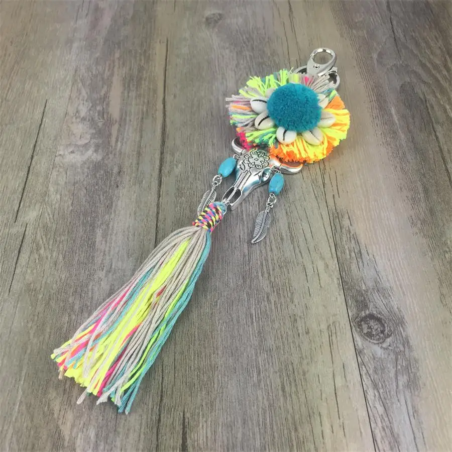 Colorful Boho Pom Pom Key Chain Bag Accessories Tassel Bag Purse Rainbow Charm Keychain Shell ...