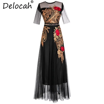 

Delocah Women Spring Summer Maxi Dress Runway Fashion Vintage Floral Embroidery Mesh Overlay Elegant High Waist Party Long Dress