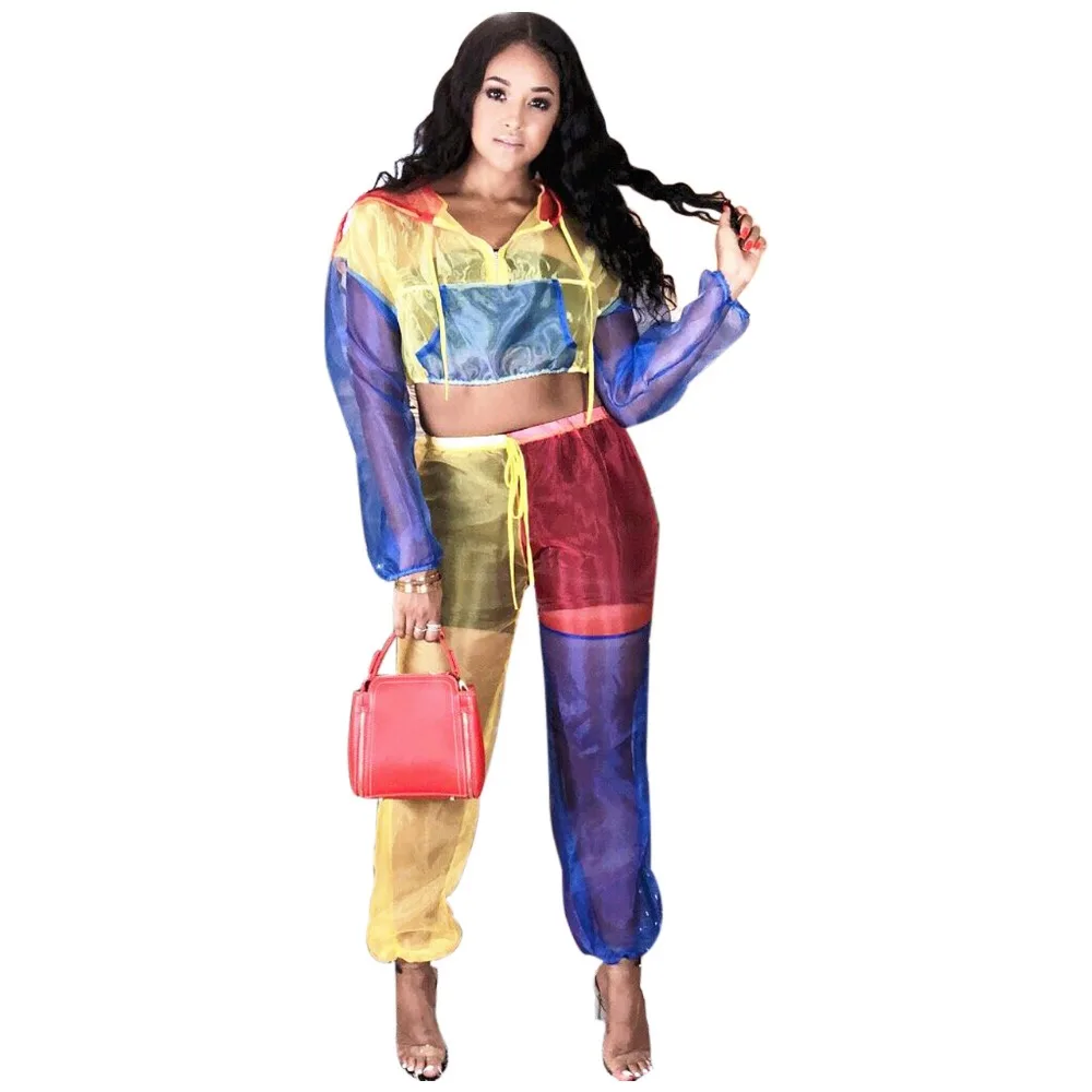 

Adogirl Women Patchwork Mesh Tracksuits Short Hoodie Tops Sweatpants 2 Pieces Set Casual Women Sports Suits See Through Outfits