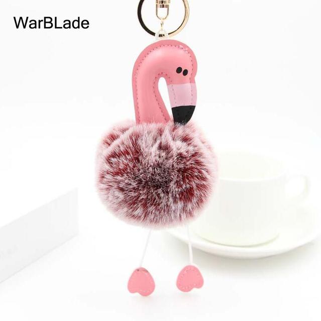 New Flamingo Pompom Keychain Fluffy Fake Rabbit Fur Ball Key Chain Porte clef Women Car Bag pompon Key Ring Accessories