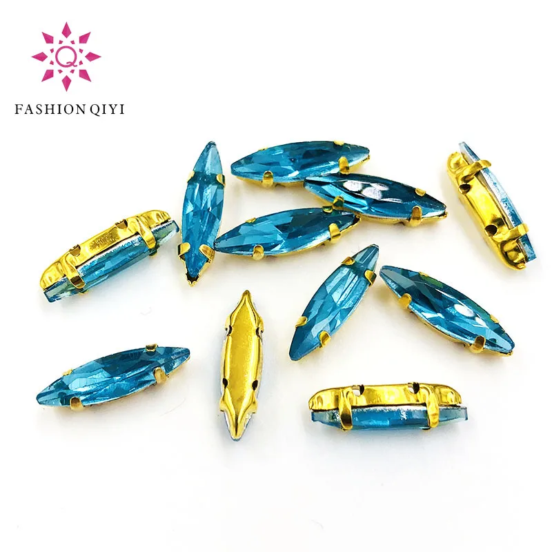 4x15mm Lake blue Horse eye shape 50pcs/pack Glass Crystal Gold bottom sew on claw rhinestones with holes diy Sewing On Garment