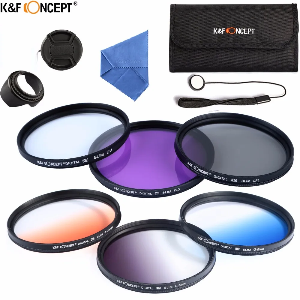 

K&F CONCEPT 62mm Camera Filter Kit UV CPL FLD+Graduated Grey Blue Orange Color Filter+Lens Pouch+Hood/Cap+Cleaning Cloth