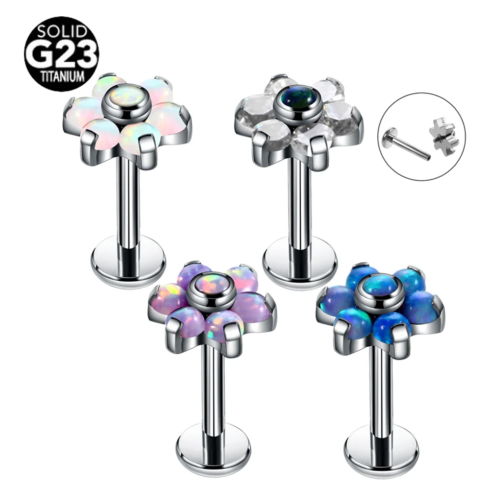 

1Pc G23 Titanium Opal Lip Rings Flower Ear Stud Rings Tragus Earring Conch Piercings Labret Ring Dermal Anchor Tops Body Jewelry
