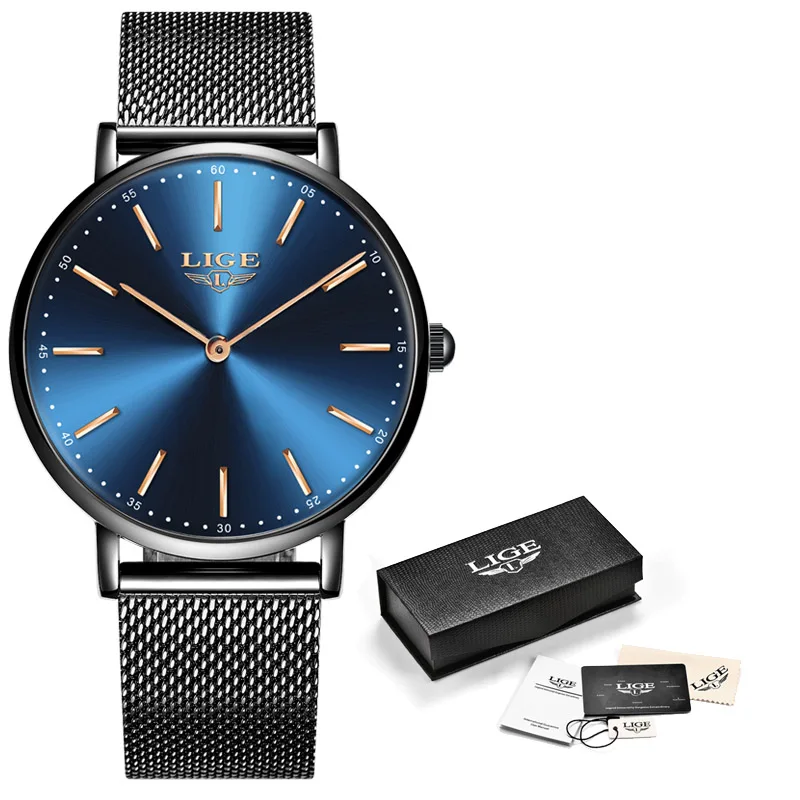 LIGE, женские модные кварцевые часы из розового золота, Дамский сетчатый ремень, ремешок для часов, высокое качество, повседневные водонепроницаемые наручные часы, подарок для жены - Цвет: All black blue