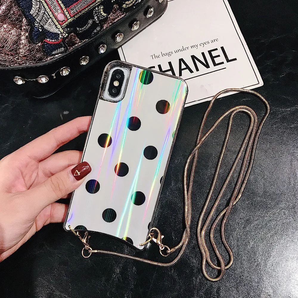 Girly Case For iPhone Xr X Xs Max Cover Korean Aurora Gradient Color Dot Skin Bag Cases For iPhone 7 8 Plus 6S Case + Long Chain (9)