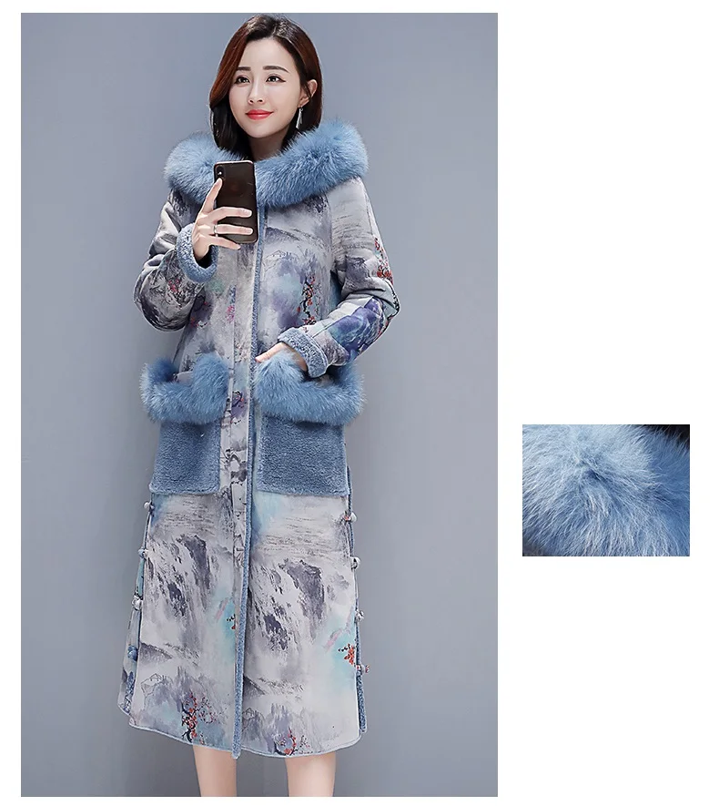 Зимняя куртка из овечьей шерсти с принтом в стиле ретро, женское длинное пальто из искусственного меха, женское теплое пальто с капюшоном, женское бархатное плотное пальто с мехом