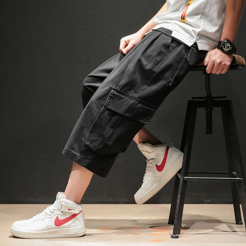 

Solid Color Calf-Length Pants Multi-Pockets Safari Style Men's Pants Elastic Waist Large Size Calf-Length Pants