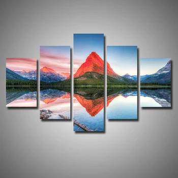 

New arrival modular 5 Panel Modern Home Decor Prints Mountain Reflections Lake Landscape Painting Pictures Canvas Art For Living