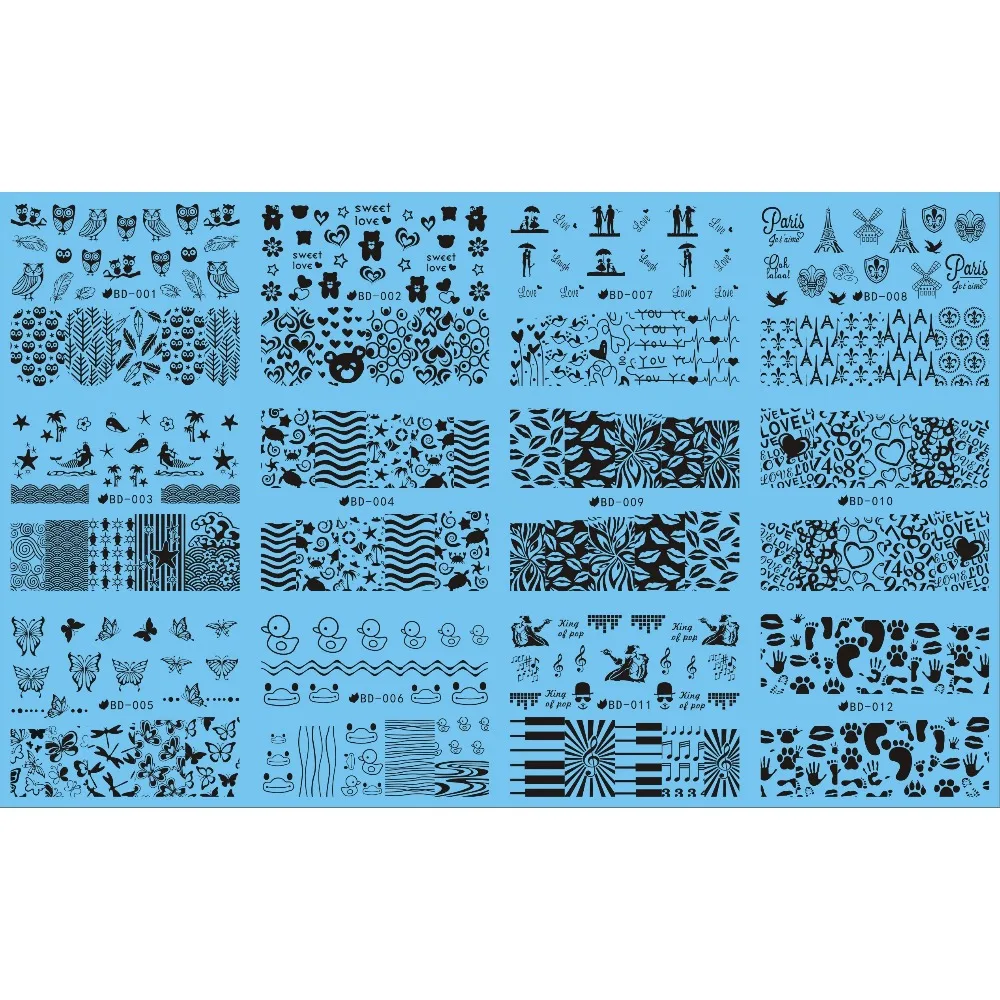 

UPRETTEGO 12 PACKS / LOT NAIL ART WATER DECAL SLIDER STICKER BLACK OWL BEAR MARINE TURTLE DUCK KISS CLAW HEART BD01-12