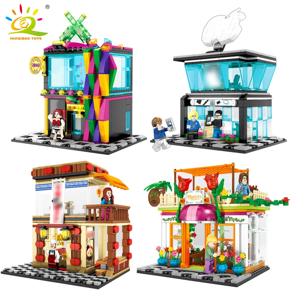 

4 Styles City Street view Building Blocks Compatible Architecture phone Store Restaurant Bricks Set Toy for children